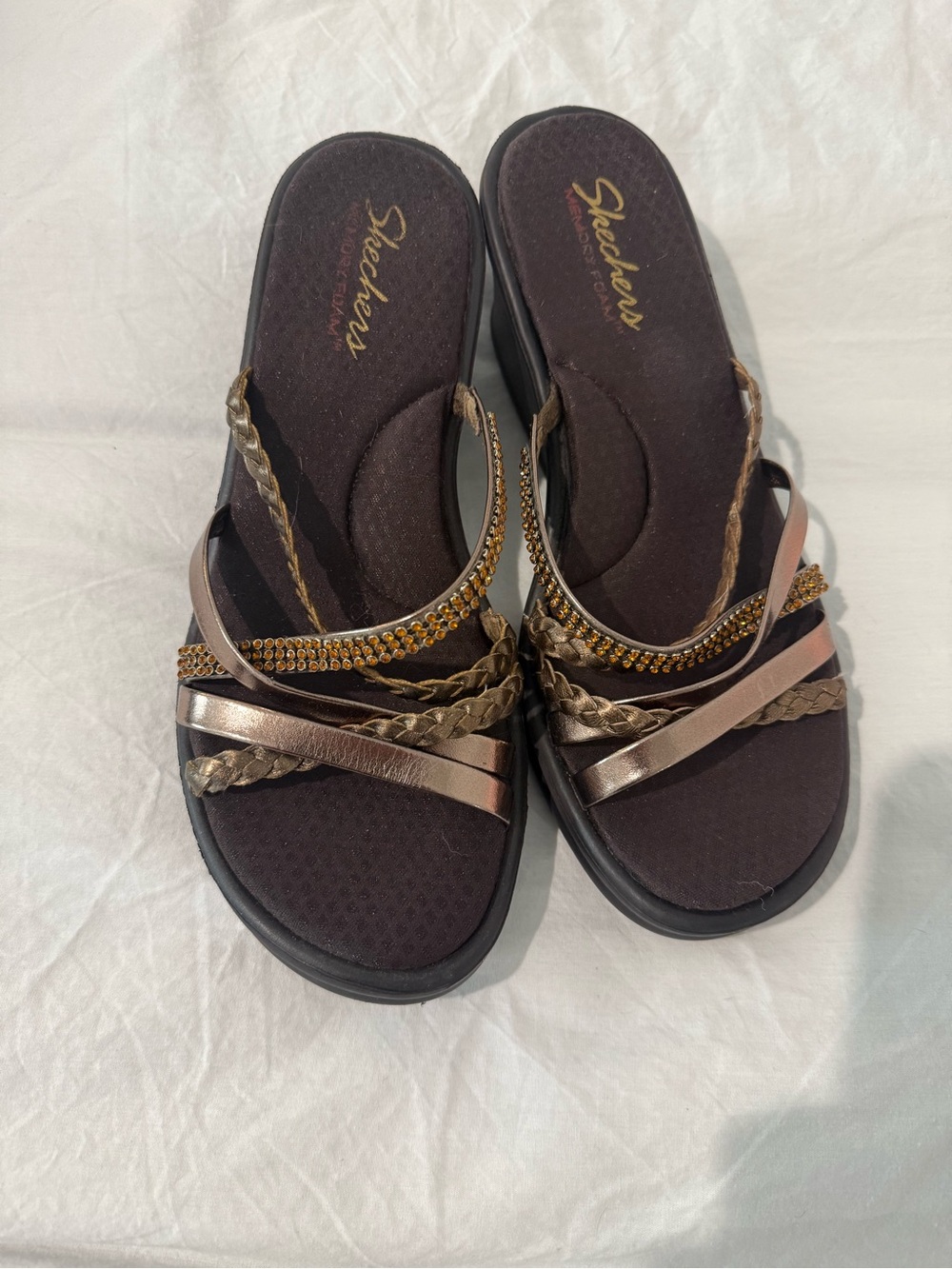 Skechers Bronze and Gold Rhinestone Braided Slide Sandals